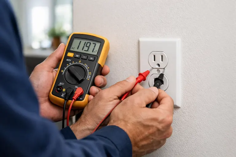 Elektriker misst Steckdose mit Multimeter bei Fehlersuche