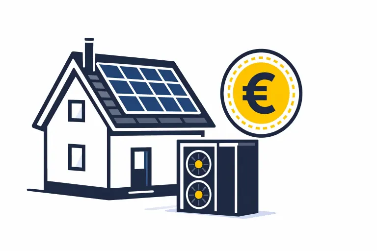 Illustration: Einfamilienhaus mit PV & Wärmepumpe + Förder-€