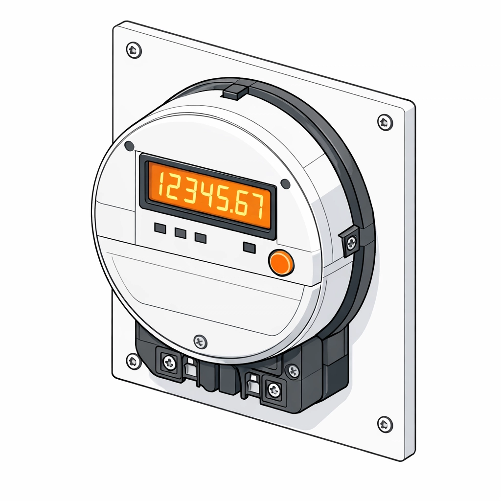 Technisch-präzise Illustration eines digitalen Smart Meters für den Stromanschluss bei Netz NÖ.