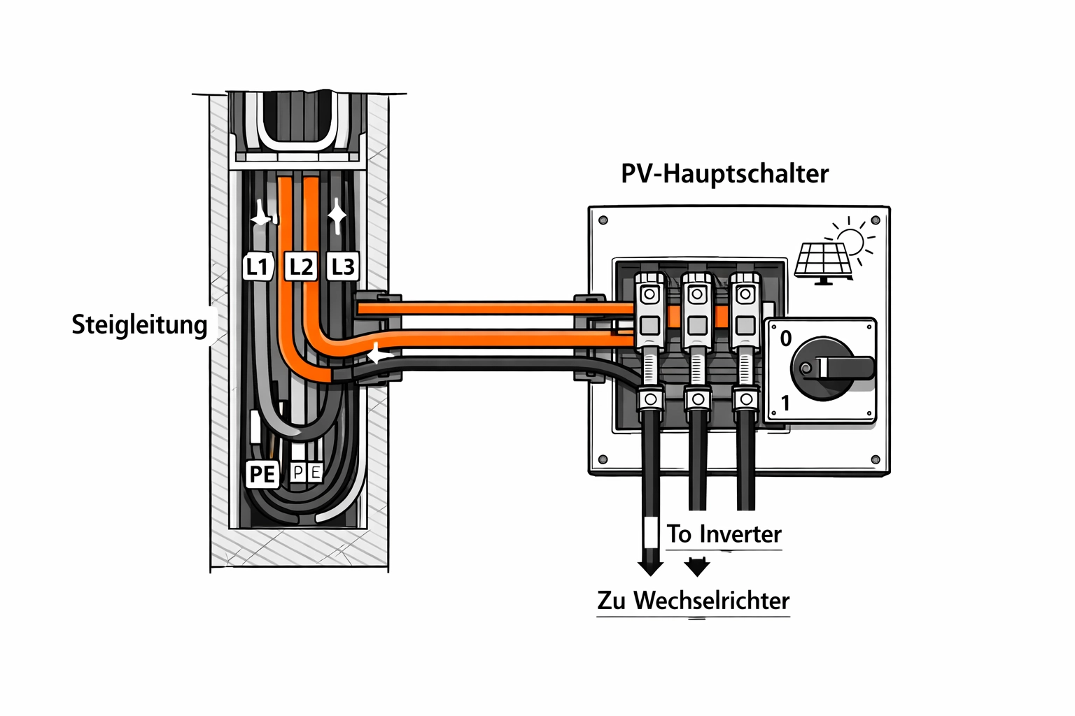 Sicherungsverteiler und Steigleitung für die professionelle PV Anlage Installation Wien.