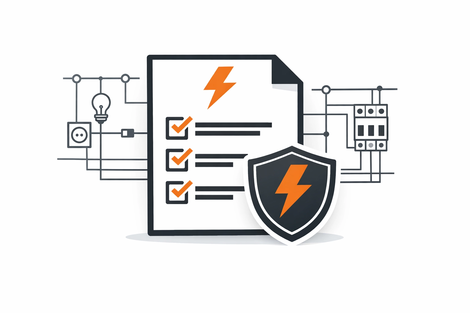 Illustration: E-Befund/Elektroprüfung abstrakt – Dokument, Checkliste, Sicherheits-Schild und Blueprint-Linien im Elektro-Zentrum CI-Stil (Schwarz/Grau/Weiß, Akzent-Orange)