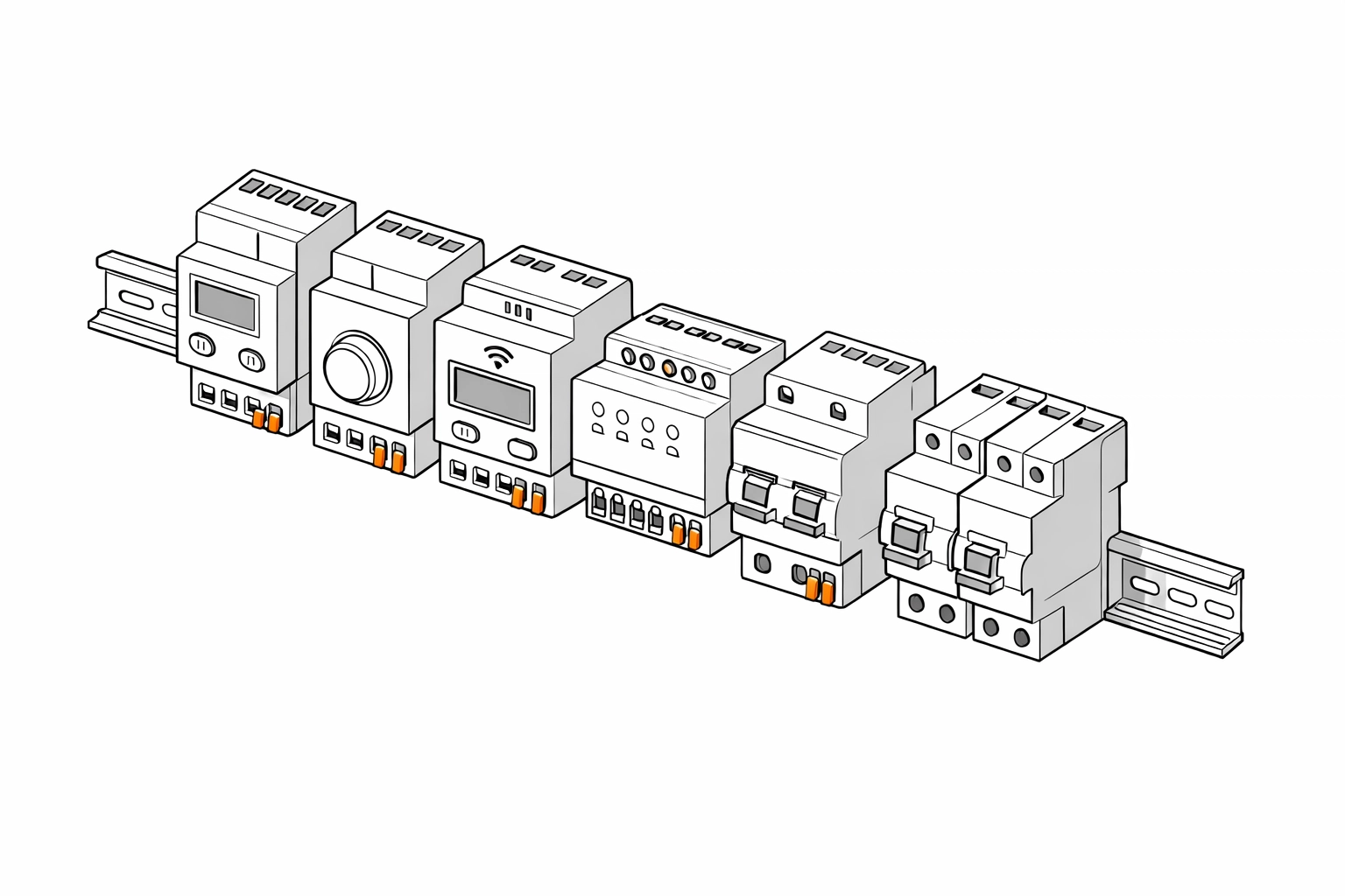 Technische Illustration von Smart-Home-Aktoren auf einer Hutschiene für die Nachrüstung.