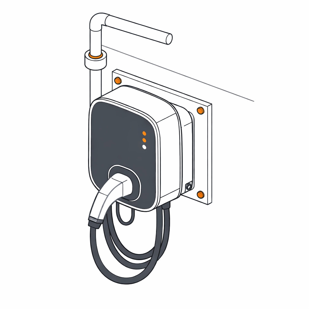 Technische Illustration einer Wallbox-Installation mit Wandmontage in Wien.