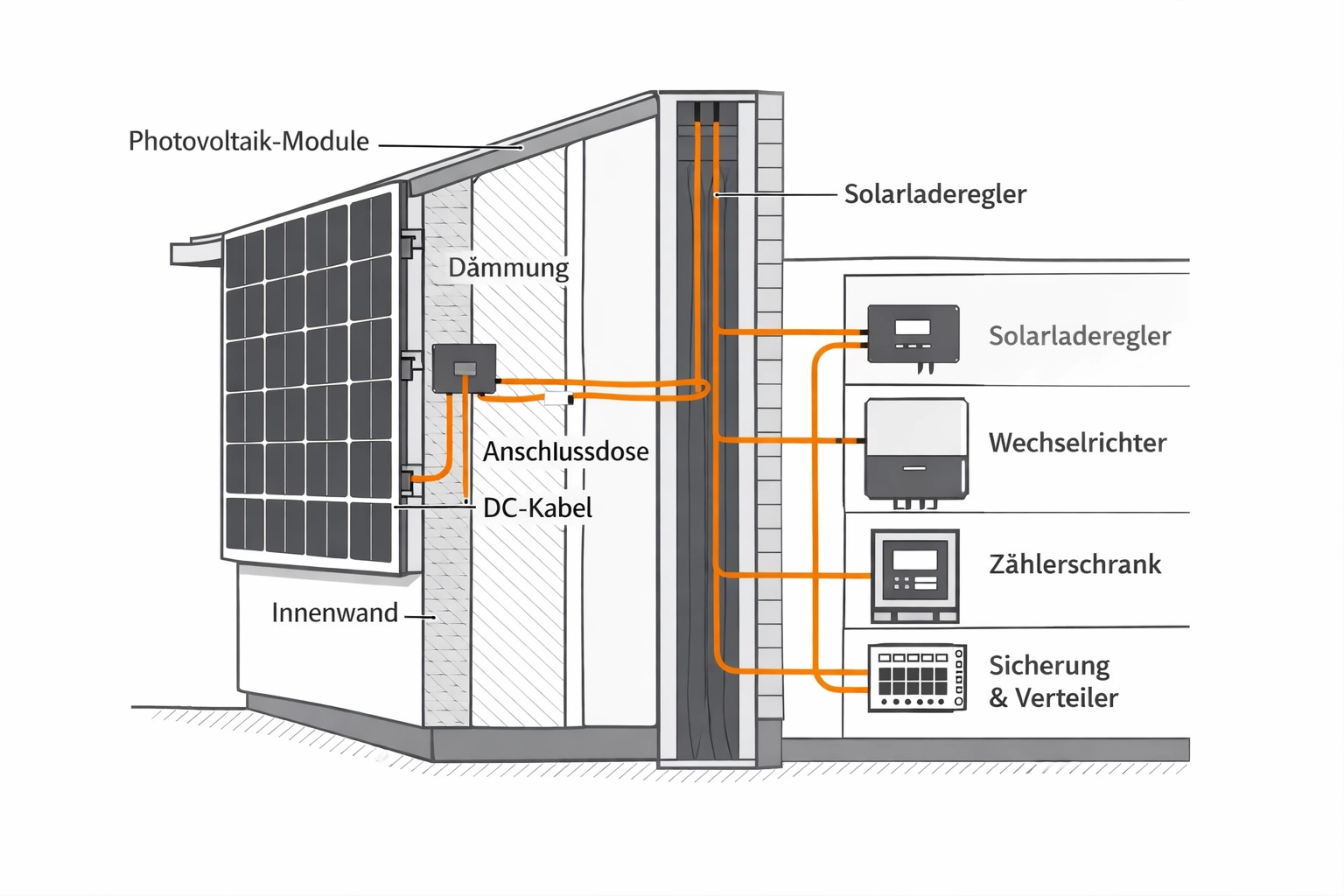 Schematische Darstellung einer PV-Fassadenanlage mit Steigleitungen zur hausinternen Energieverteilung.
