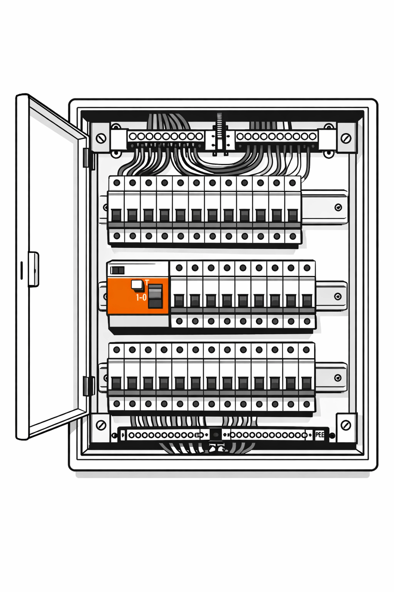 Offener Sicherungskasten mit FI-Schutzschalter zur Gewährleistung der Elektrosicherheit im Wiener Altbau.