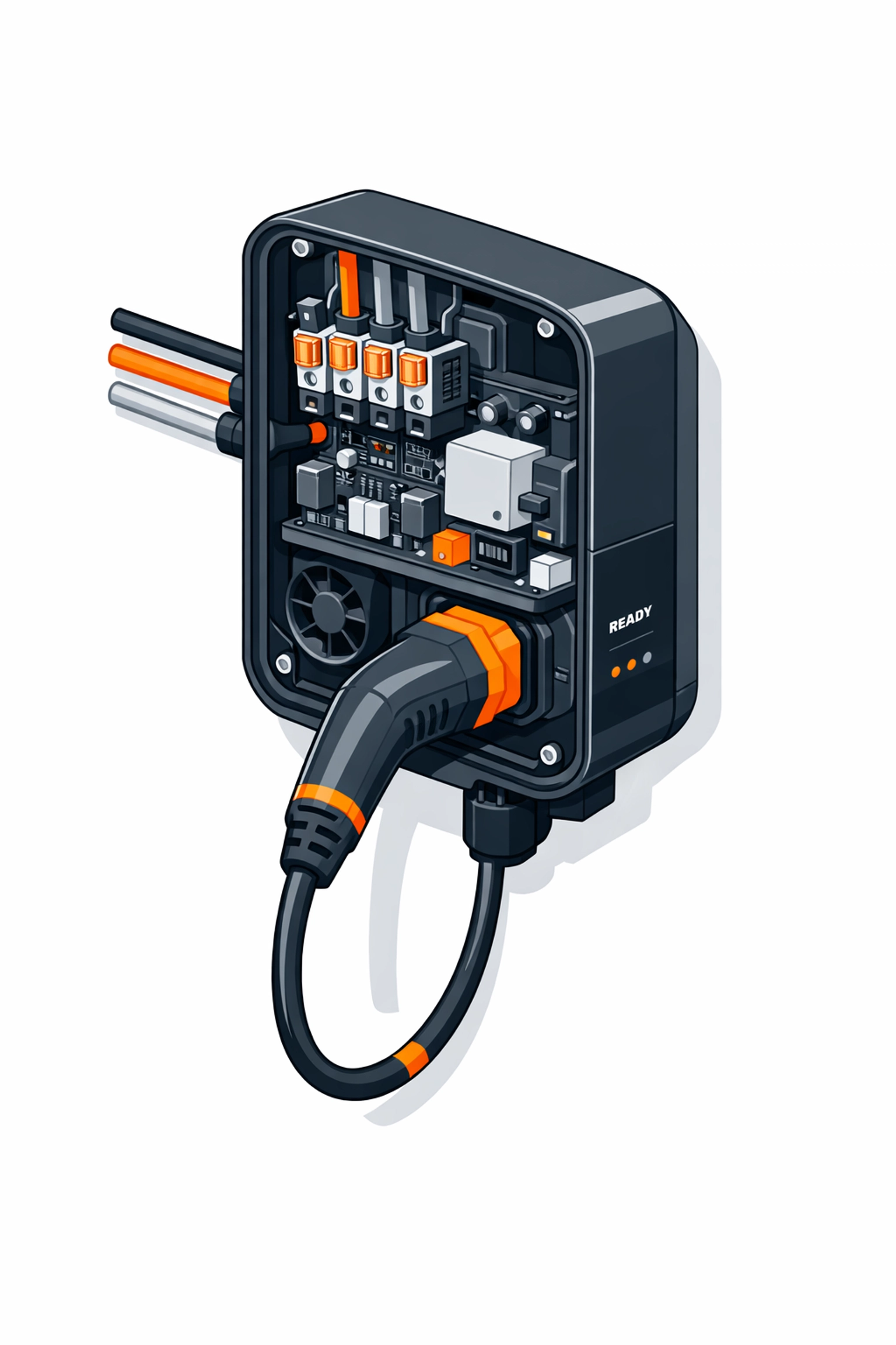 Technische Illustration einer Wallbox-Ladestation für E-Mobilität in Wien.