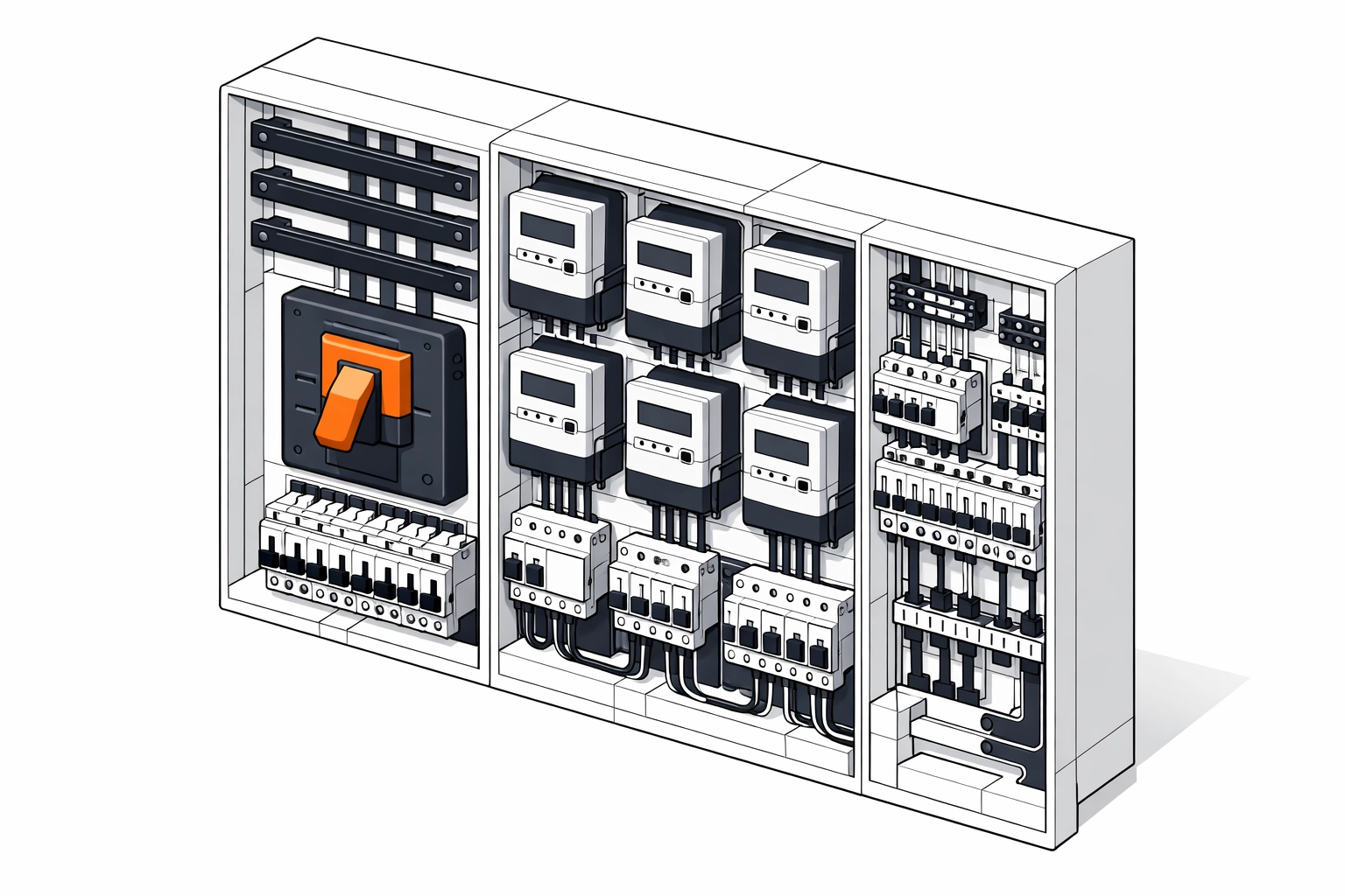 Komplexe Elektro-Hauptverteilung für moderne Wohngebäude in Wien.