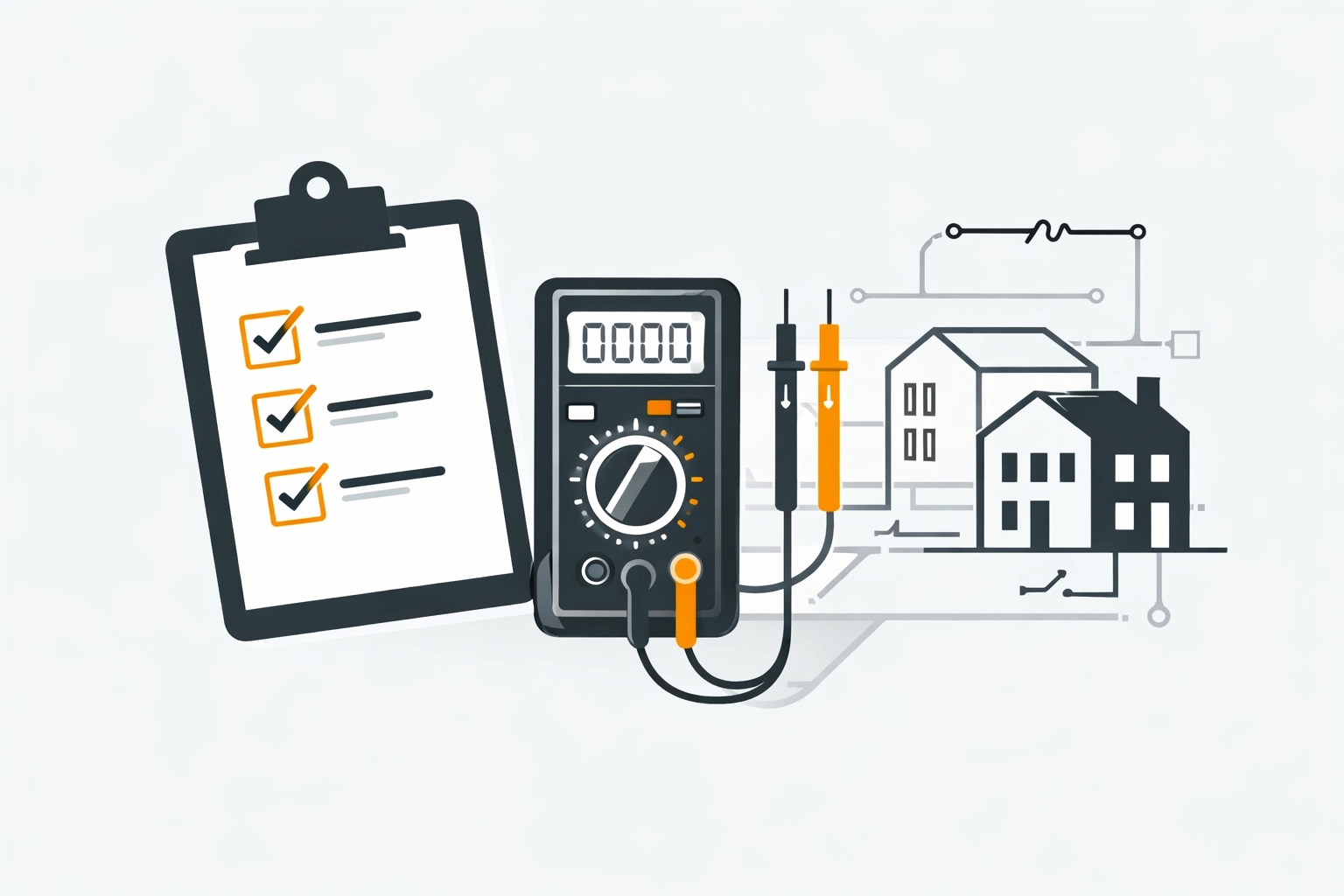 E-Check & Messprotokoll (technische Vektor-Illustration) – Elektrobefund 1050