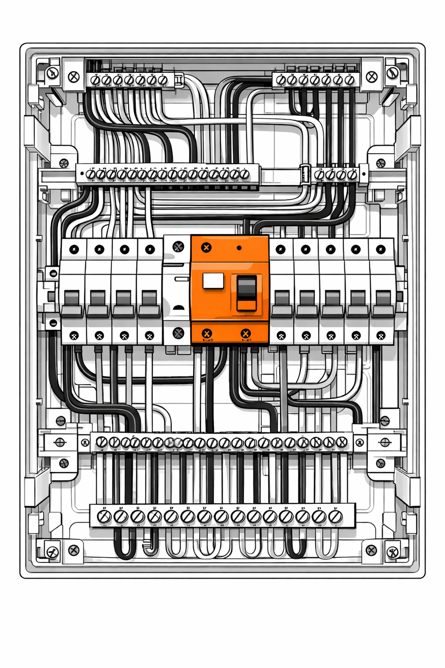 Präzise verkabelte Unterverteilung mit Fokus auf den lebenswichtigen FI-Schutzschalter.