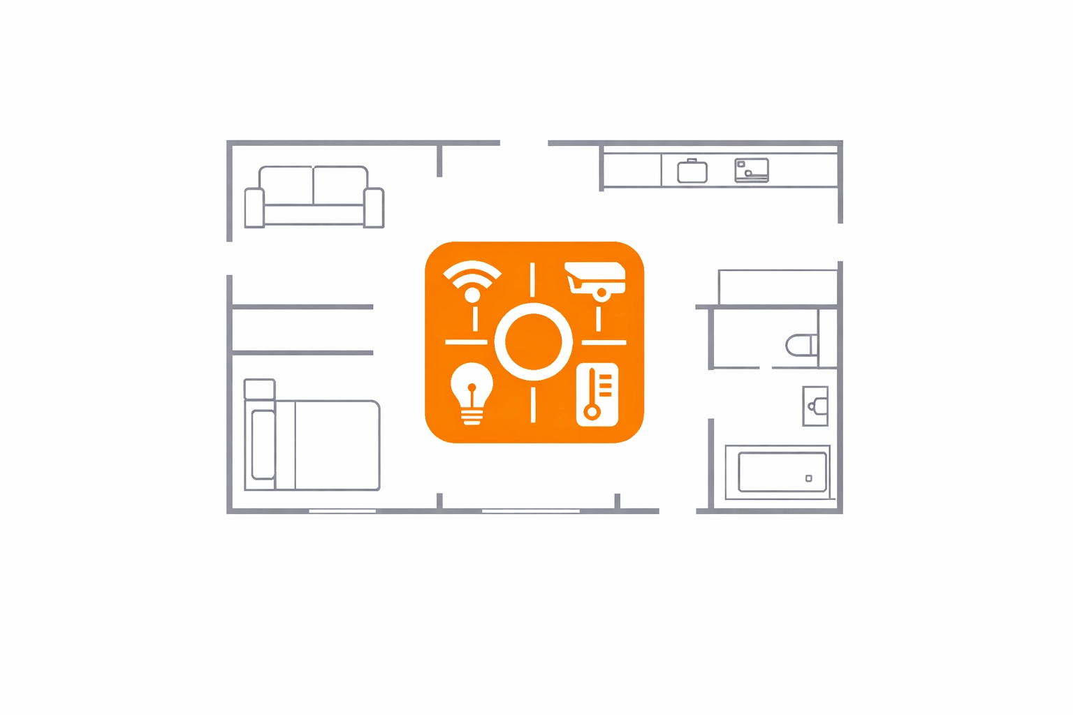 Technische Illustration einer Smart Home Raumplanung mit zentraler Steuereinheit für KNX oder Loxone Systeme.