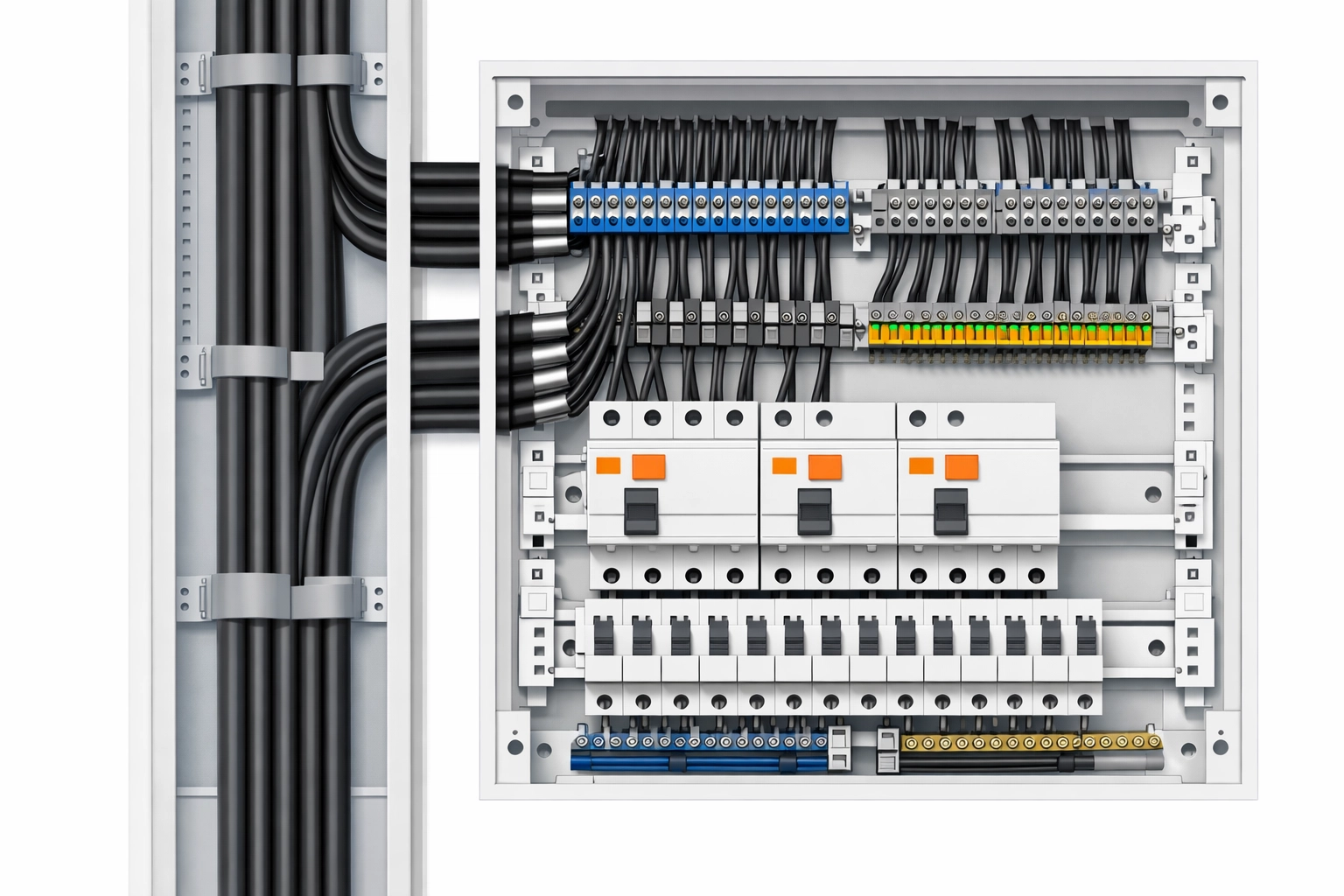 Optimierte Stromverteilung im Sicherungskasten mit modernen FI-Schutzschaltern.