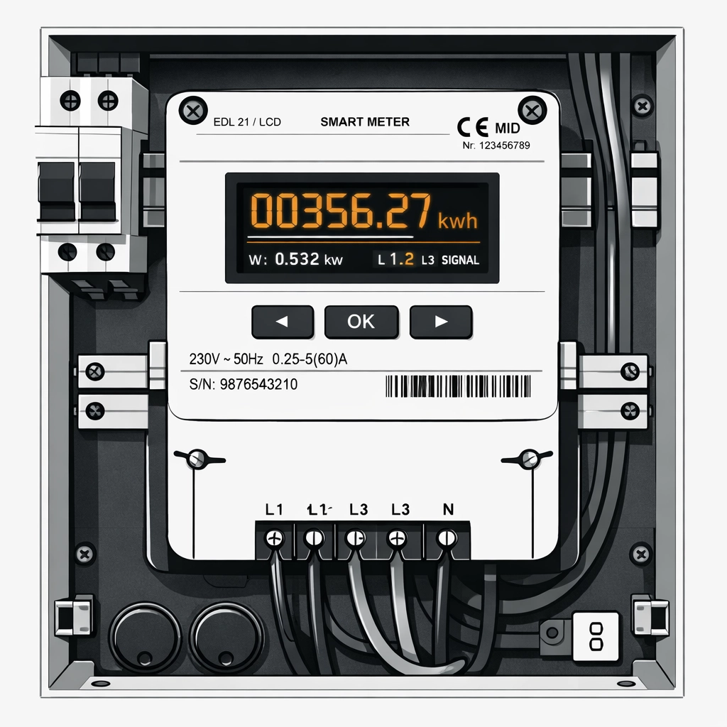 Digitaler Smart-Meter-Zähler im Verteilerkasten für effiziente Stromspar-Trends in Wien.