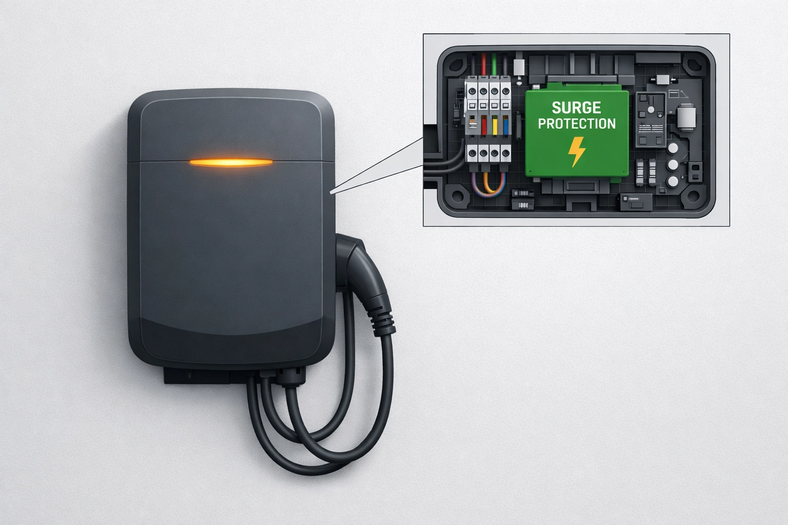 Moderne Wallbox mit integriertem Überspannungsschutz für sicheres E-Auto-Laden in Wien.