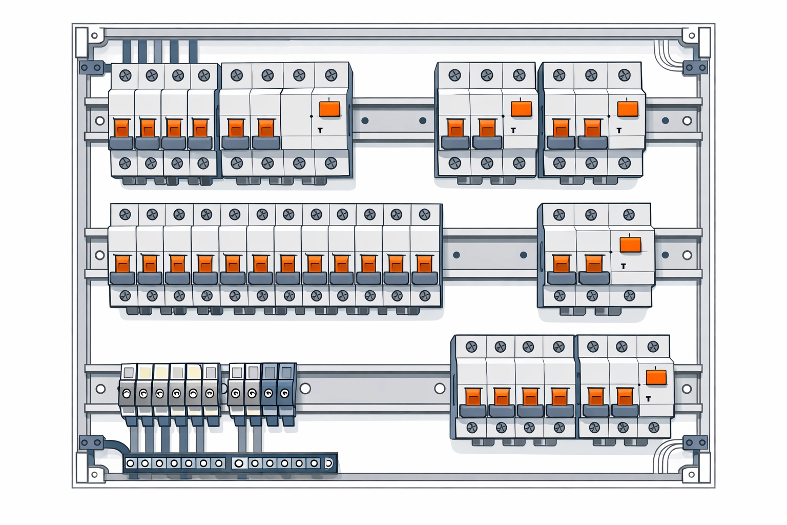 Innenansicht eines modernen Verteilerkastens mit Sicherungen und FI-Schutzschaltern in NÖ.