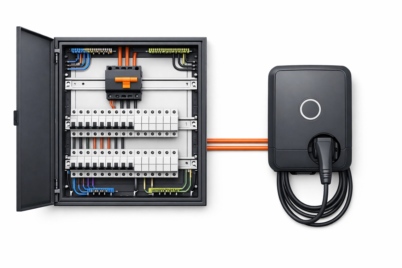 Professionelle Elektroinstallation mit Sicherungskasten und Wallbox-Anbindung für PV-Anlagen.