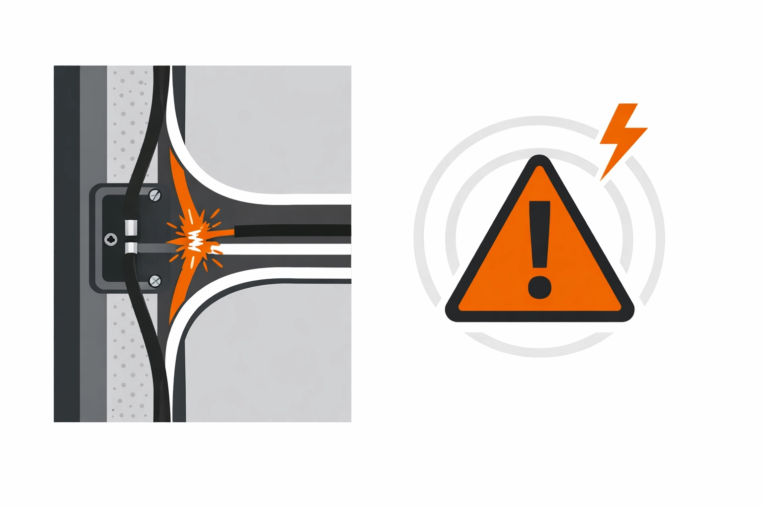 Illustration: Altbau-Leitungsverlauf (schematisch) mit beschädigter Isolierung – Warnsignal abstrahiert (Elektro-Zentrum CI: Schwarz/Dunkelgrau/Weiß, Akzent-Orange)