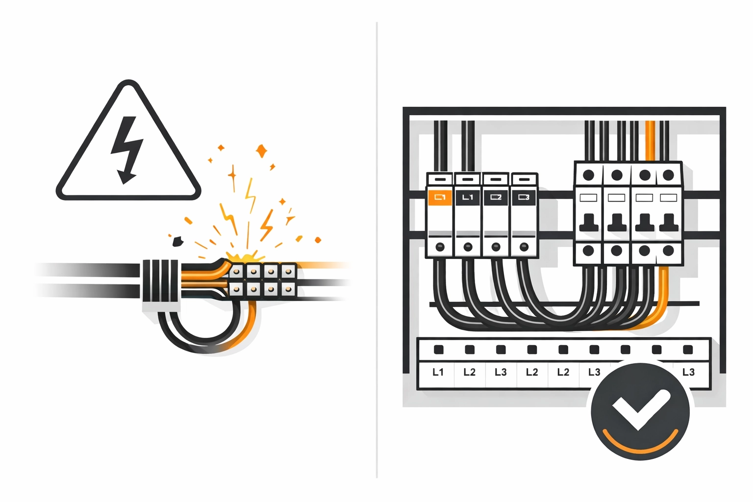 Illustration: Vorher/Nachher – Störfall vs. geprüfte Elektroanlage (Sicherheits-Icons, Elektro-Zentrum CI, vektor)