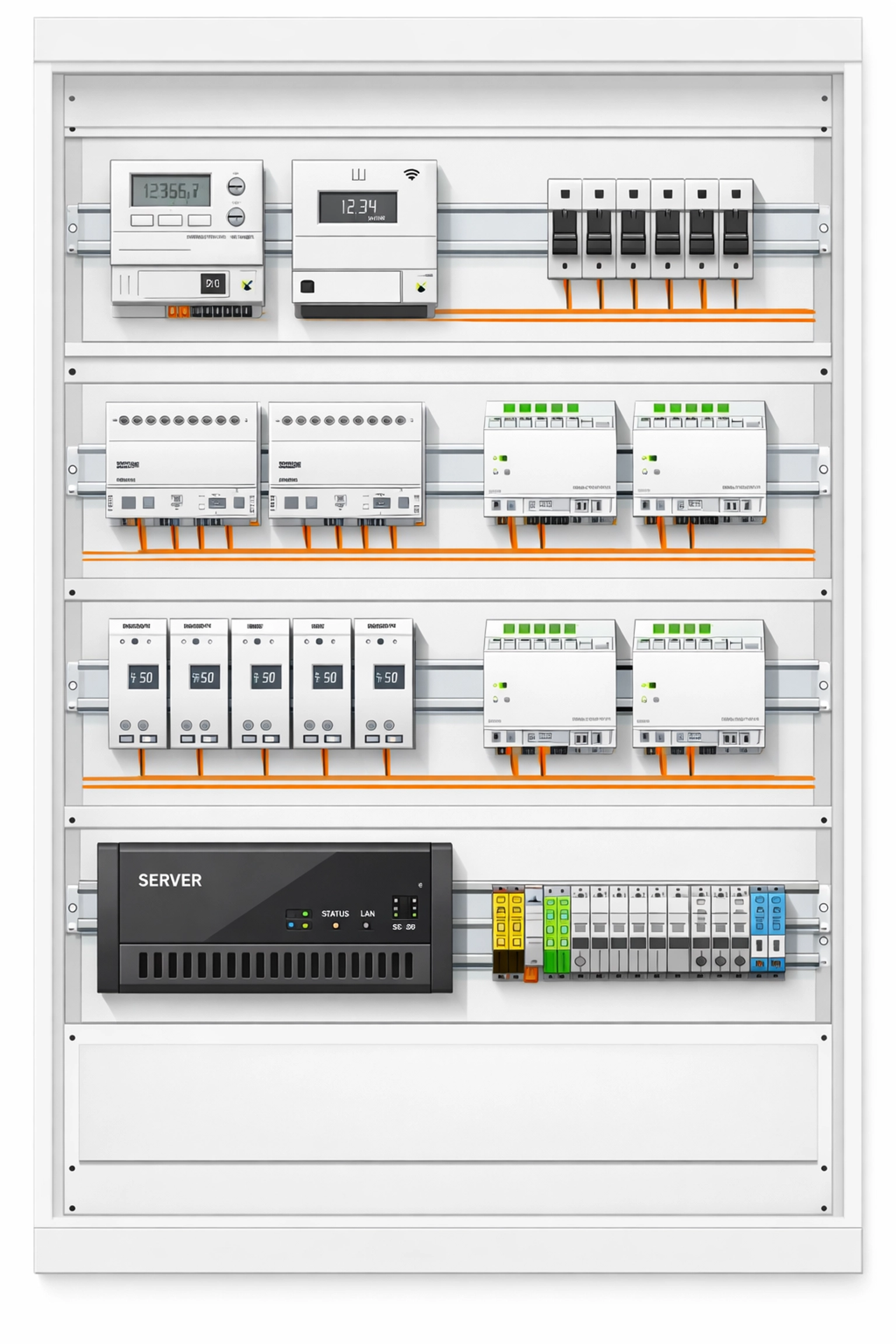 Elektro-Verteilerkasten mit installierten Smart Home Komponenten und KNX-Modulen.