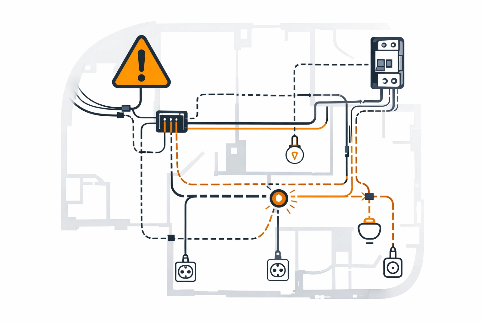 Illustration: Altbau-Leitungsnetz als Schaltplan/Grundriss mit abstraktem Störungs-Warnsignal