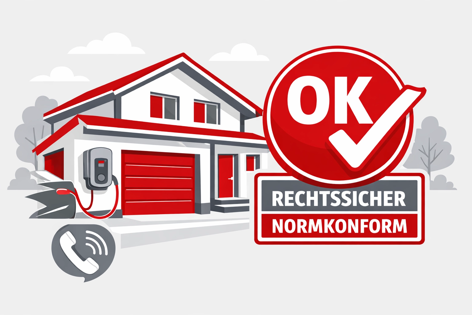 Illustration: Haus mit Wallbox + OK/Häkchen – rechtssicher & normkonform laden