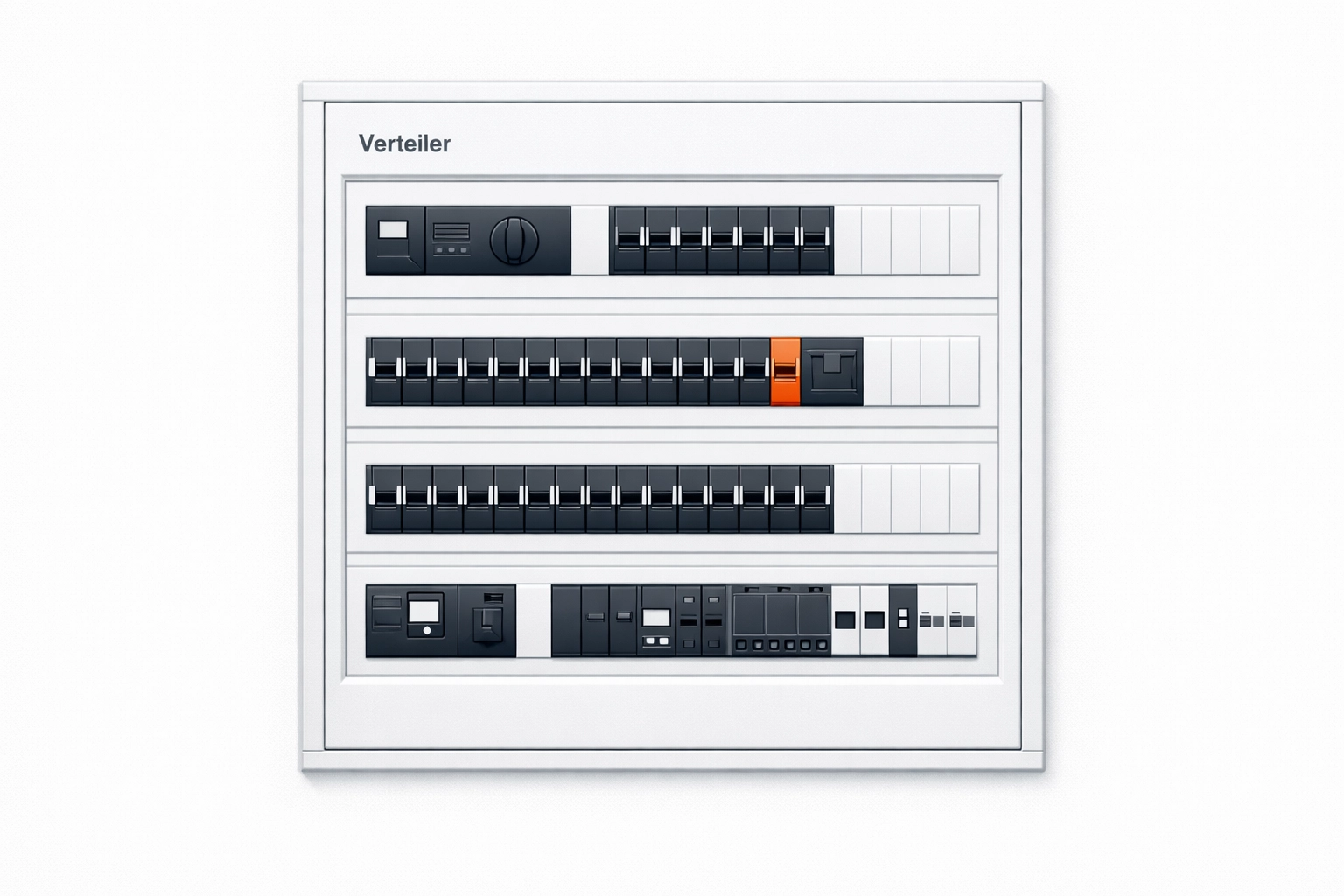 Technische Illustration eines Elektro-Verteilers mit Sicherungsautomaten für den Elektriker Notdienst Wien.