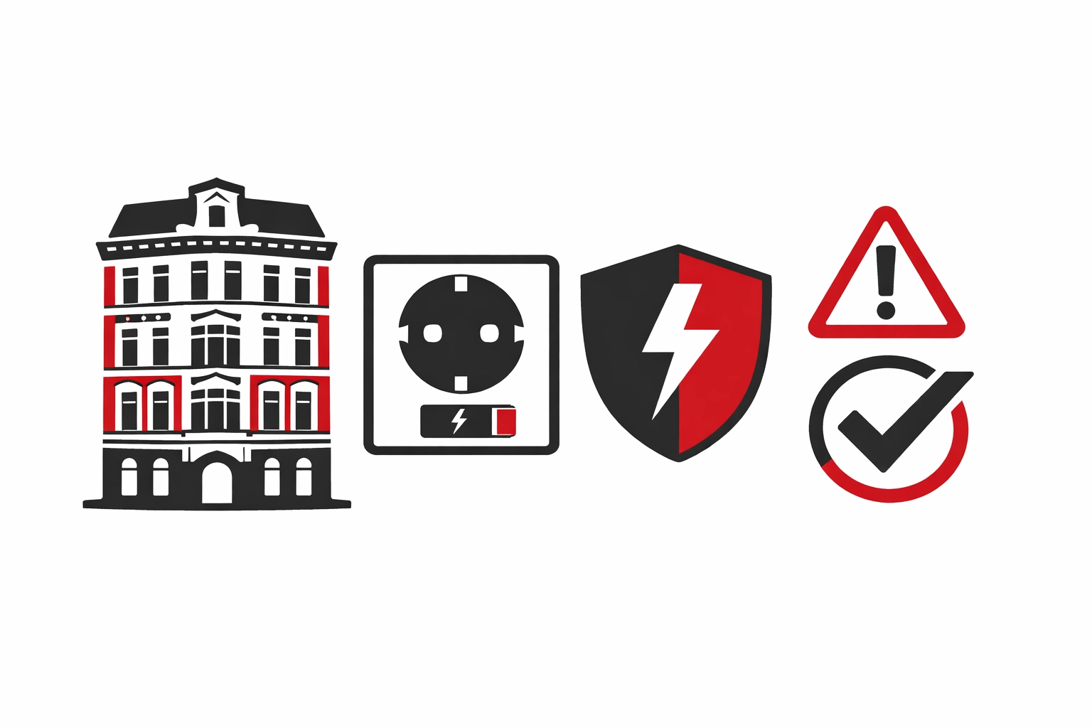 Illustration: Wiener Altbau‑Icon mit Schutz‑Symbol für Sicherheits‑Upgrade (Elektro‑Zentrum CI)
