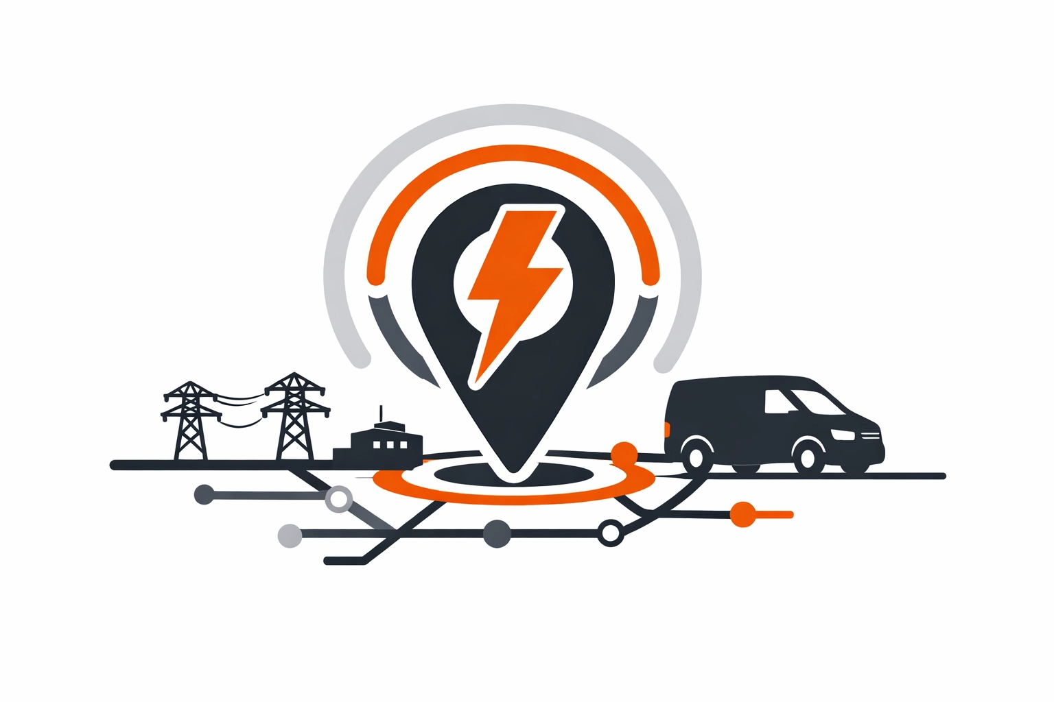 Clean Vector Illustration: Notdienst-Signal (Pin, Blitz, Alarmringe) mit Infrastruktur-Linien im Elektro-Zentrum CI-Stil