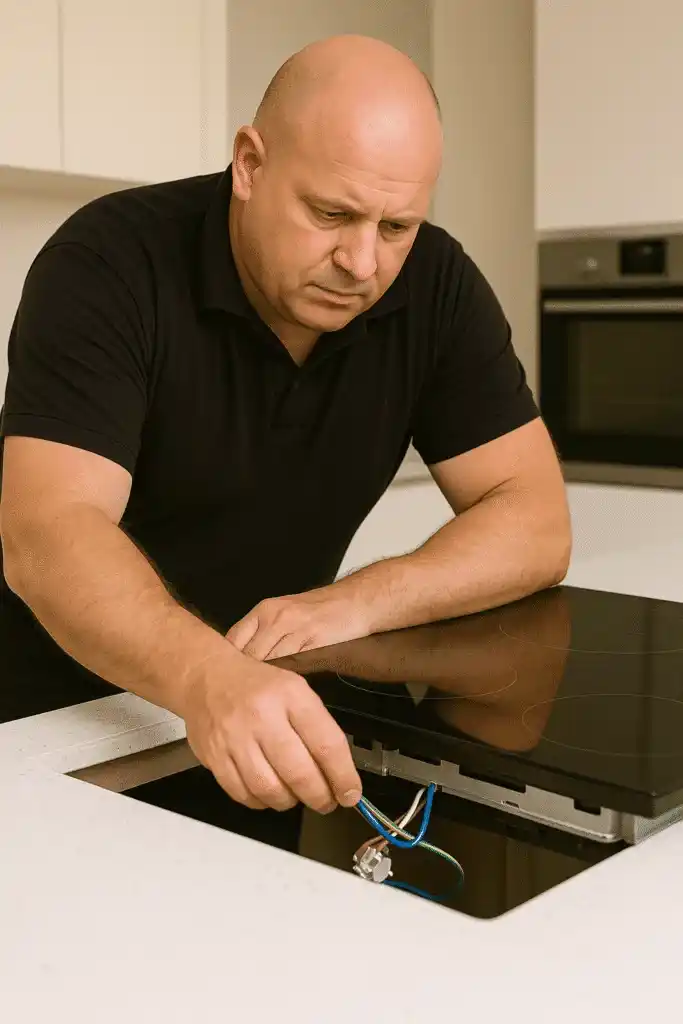 Inhaber des Elektro Zentrums installiert Induktionskochfeld in der Küche