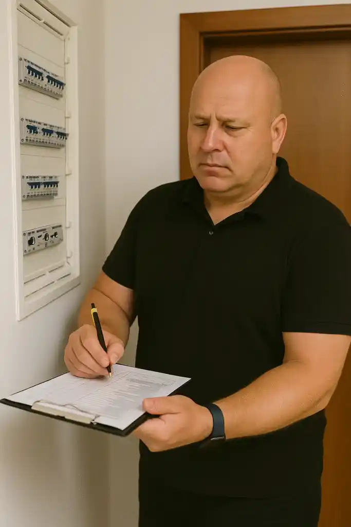 Elektriker steht vor einem offenen Schaltschrank und macht Notizen auf einem Notizblock