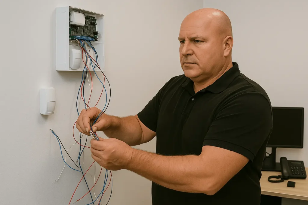 Elektriker installiert oder repariert elektrische Leitungen in einem offenen Verteilerkasten