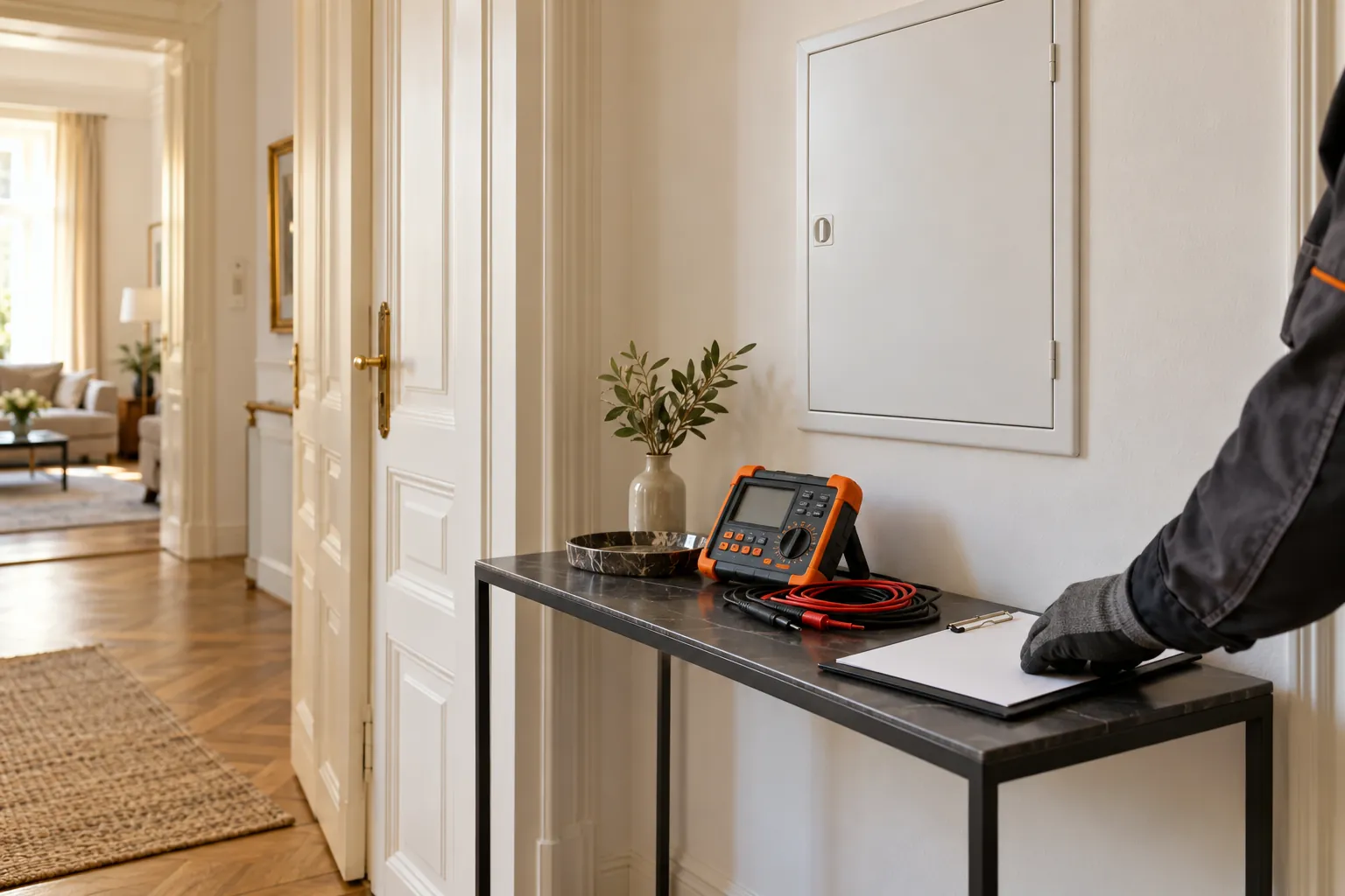 Orangefarbenes Elektro-Prüfgerät und Prüfunterlagen im Eingangsbereich einer Altbauwohnung