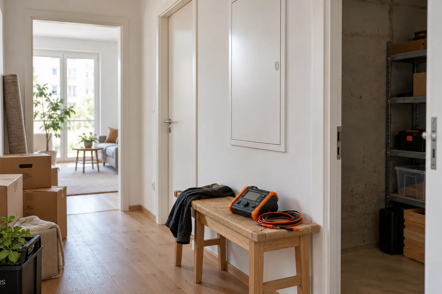Elektro-Prüfgerät neben Umzugskartons und geschlossenem Verteiler im Wohnungsflur