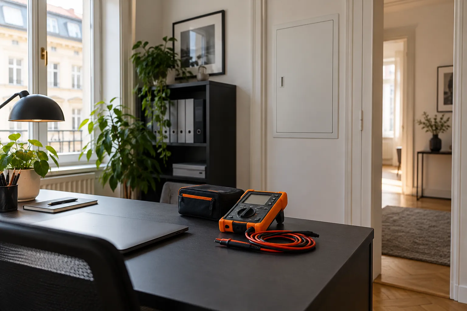 Messgerät auf einem Schreibtisch zur Vorbereitung der Elektroprüfung im Homeoffice