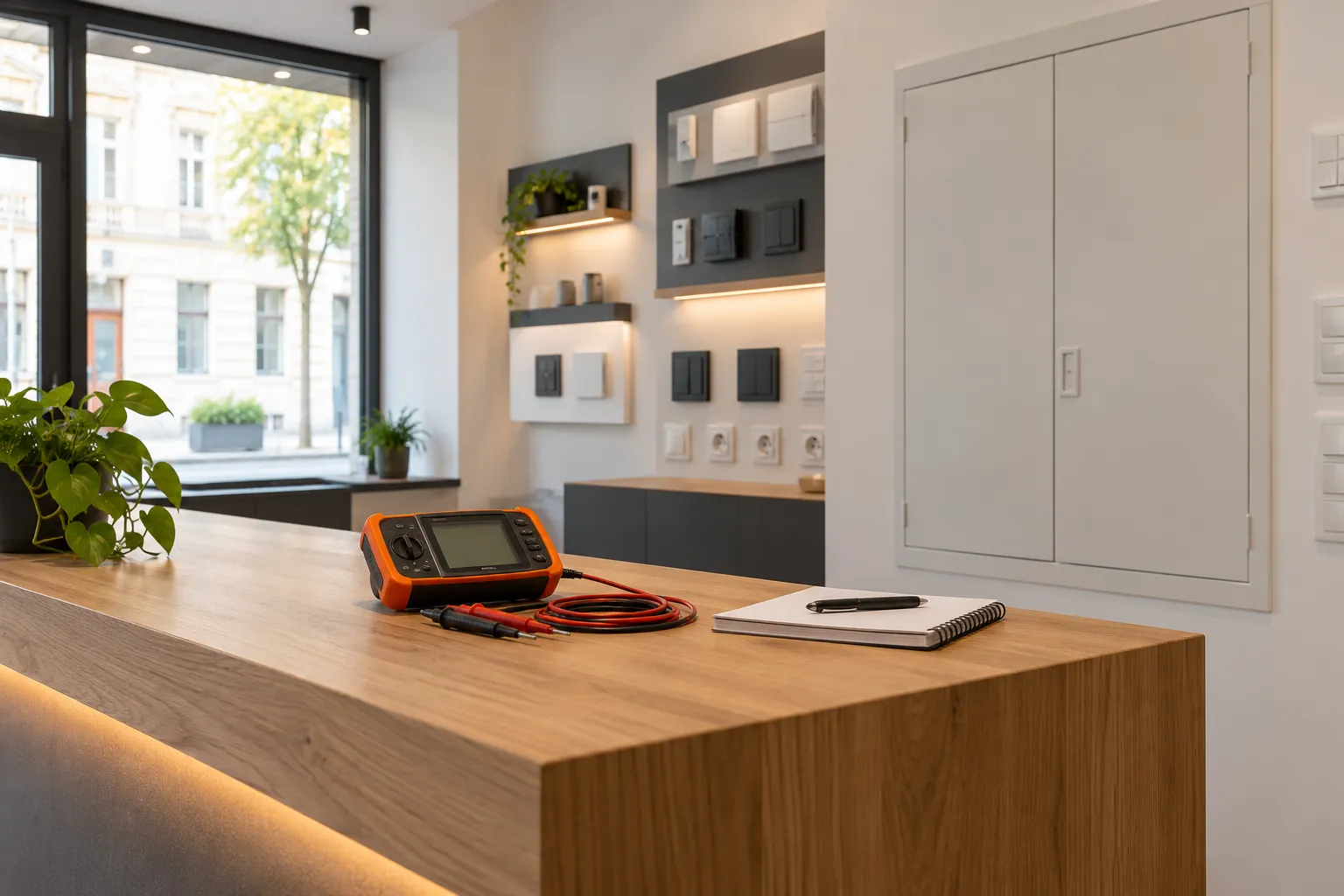 Elektro-Prüfgerät auf einer Holztheke in einem leeren Geschäftslokal