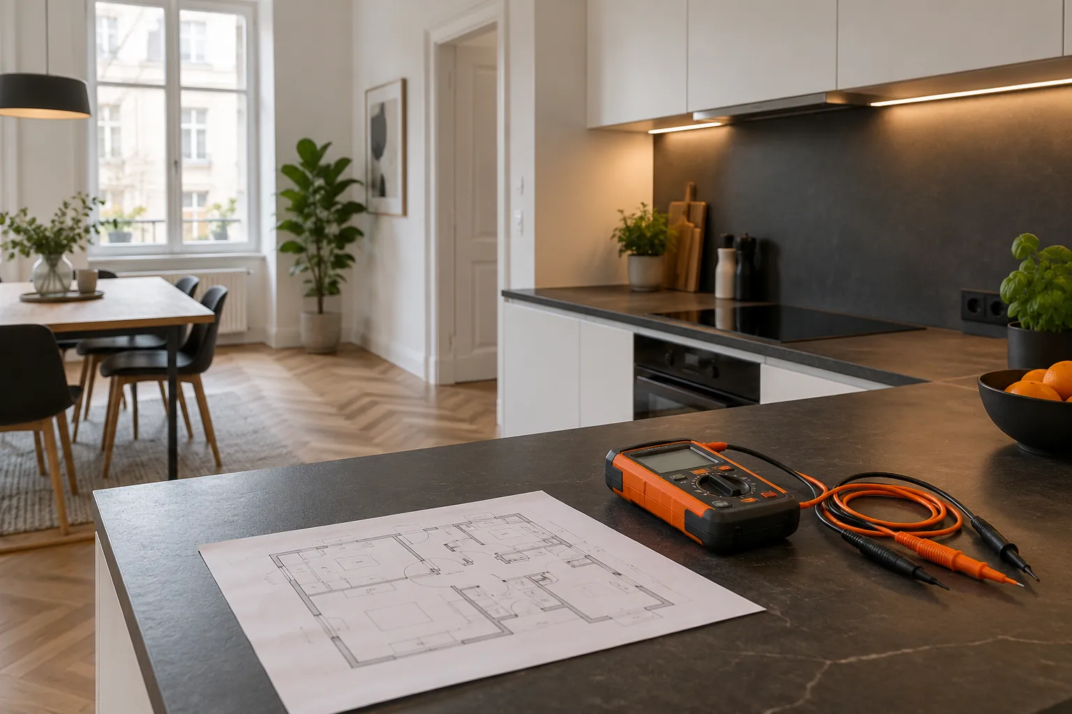 Elektro-Prüfgerät und Grundriss auf der Arbeitsfläche einer renovierten Küche