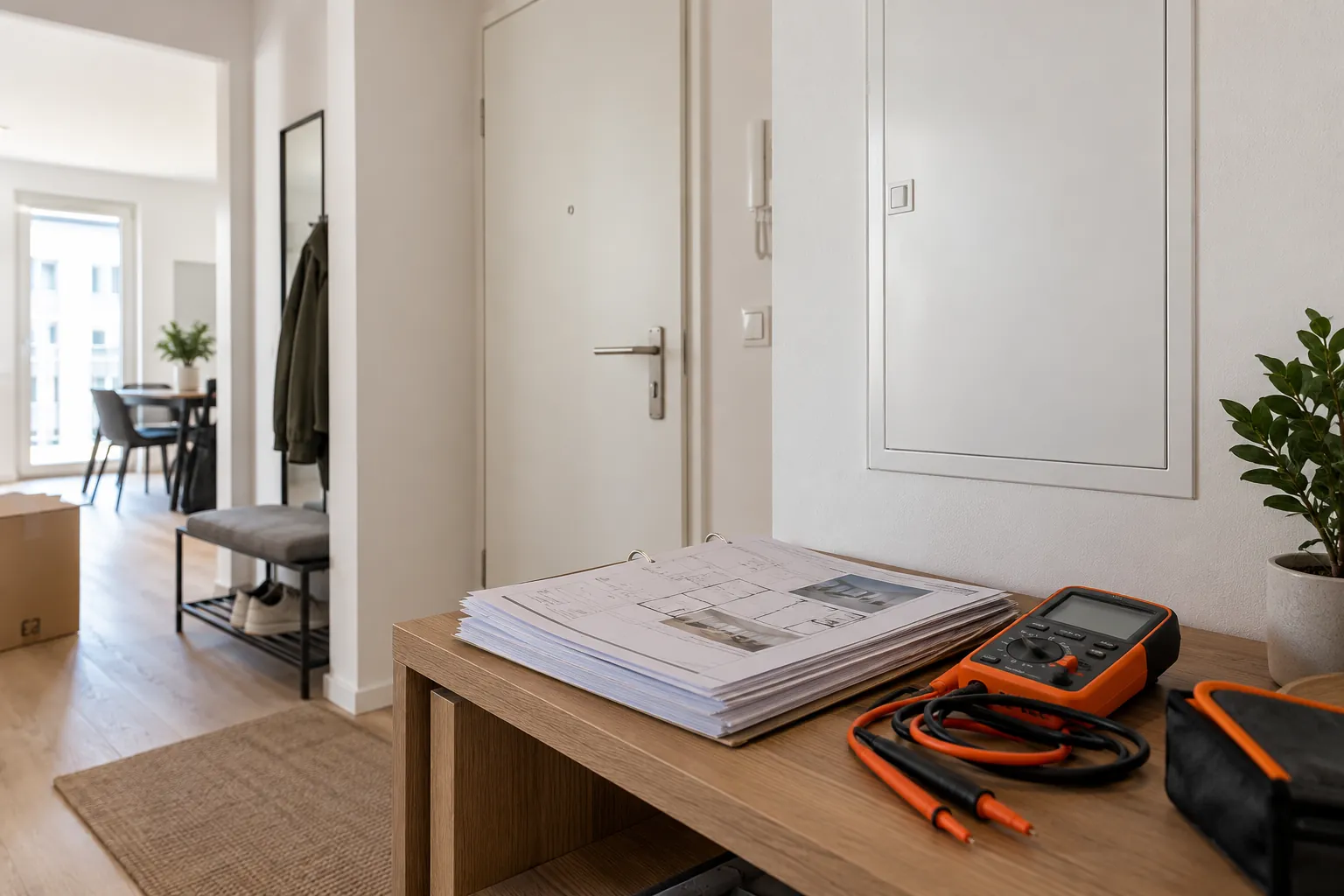 Geschlossener Wohnungsverteiler und Messgerät im modernen Wohnungseingang