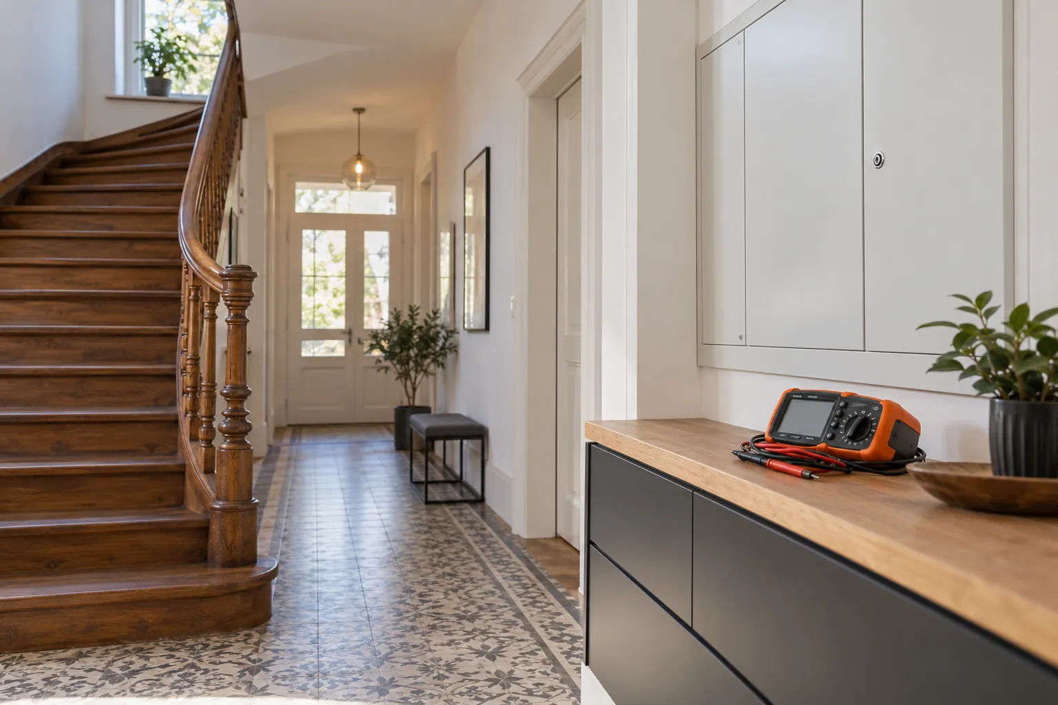 Elektro-Prüfgerät in einem modernisierten Flur mit alter Holztreppe