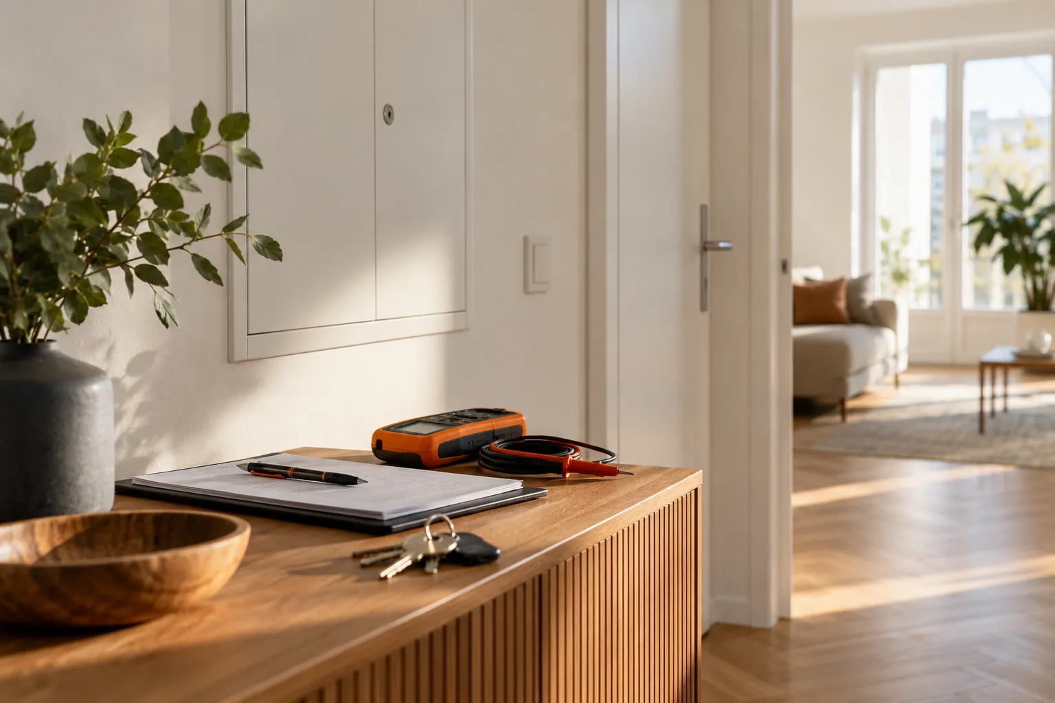 Wohnungsschlüssel und Prüfgerät auf einer Konsole vor der Übergabe
