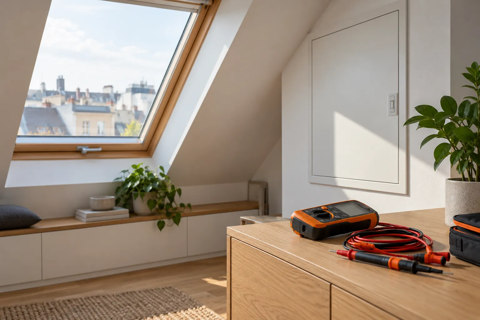 Elektro-Prüfgerät auf einer Holzablage in einer Dachgeschosswohnung