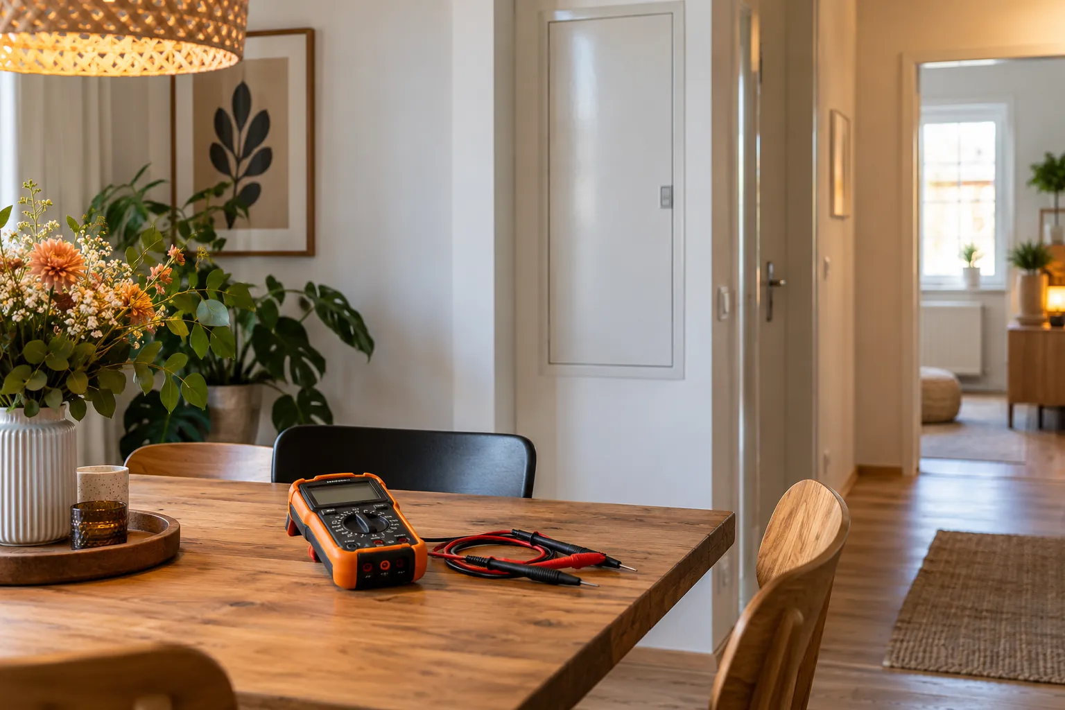 Prüfgerät auf dem Esstisch einer aufgeräumten Familienwohnung
