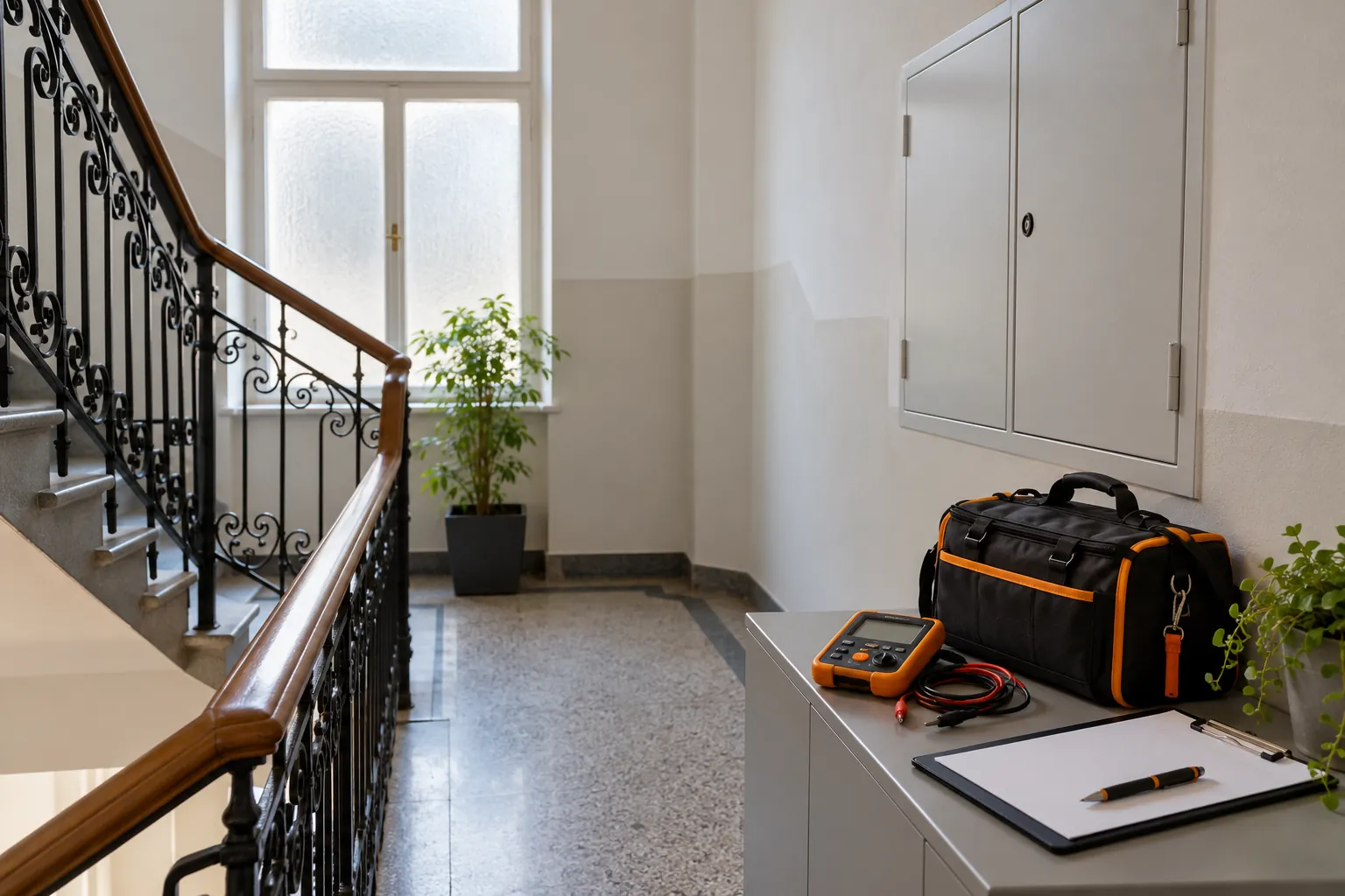Prüfausrüstung und Klemmbrett im Stiegenhaus neben geschlossenem Verteiler