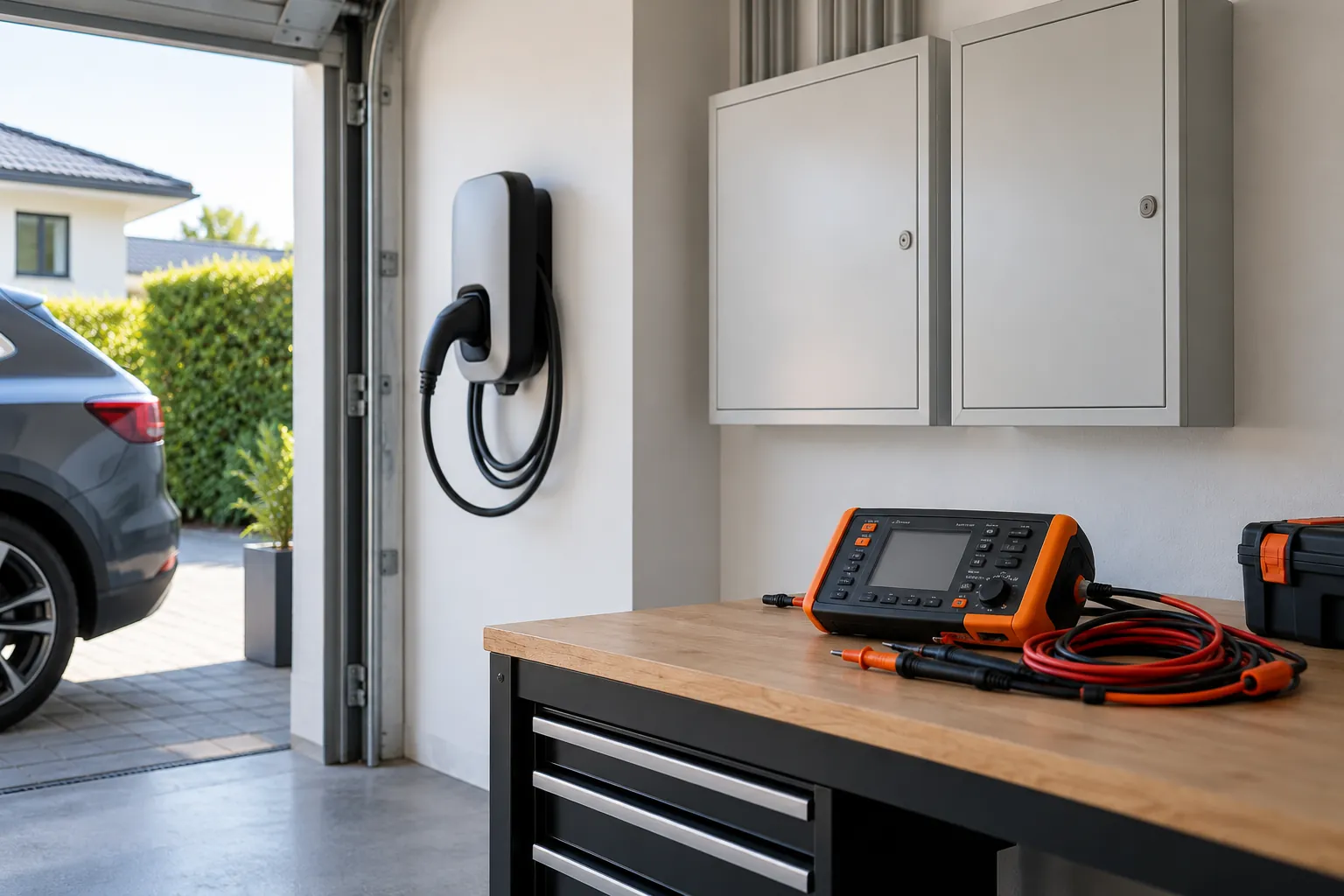Elektro-Prüfgerät auf einer Werkbank neben einer unbenutzten Wallbox