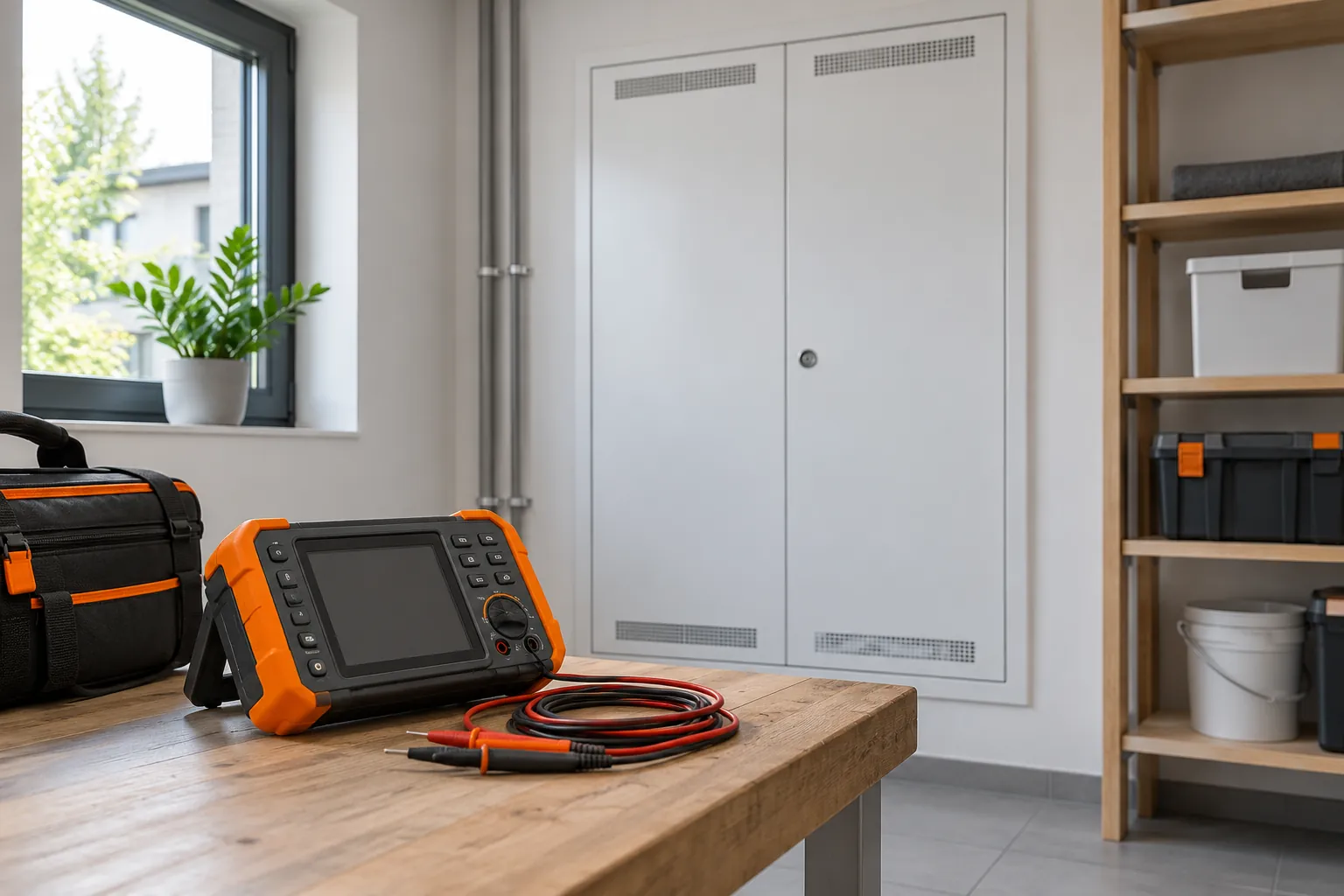 Geschlossener Verteiler und Elektro-Prüfgerät im Technikraum eines Reihenhauses