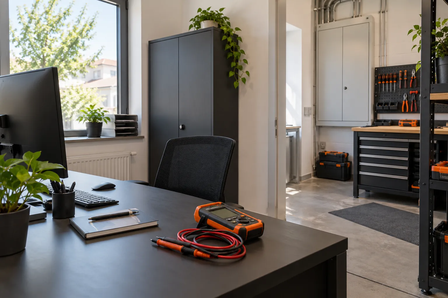 Prüfgerät im Übergang zwischen kleinem Büro und aufgeräumter Werkstatt