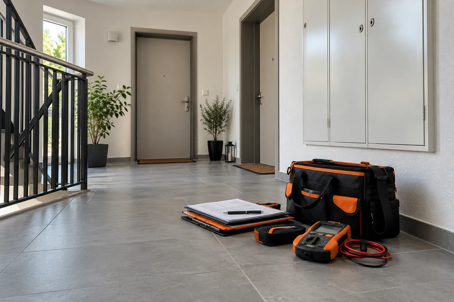 Prüfausrüstung und Dokumentenmappen vor mehreren Wohnungseingängen