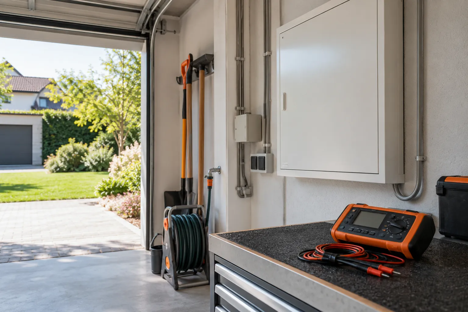 Elektro-Prüfgerät im Hauswirtschaftsraum mit geschlossenem Verteiler und Gartenblick