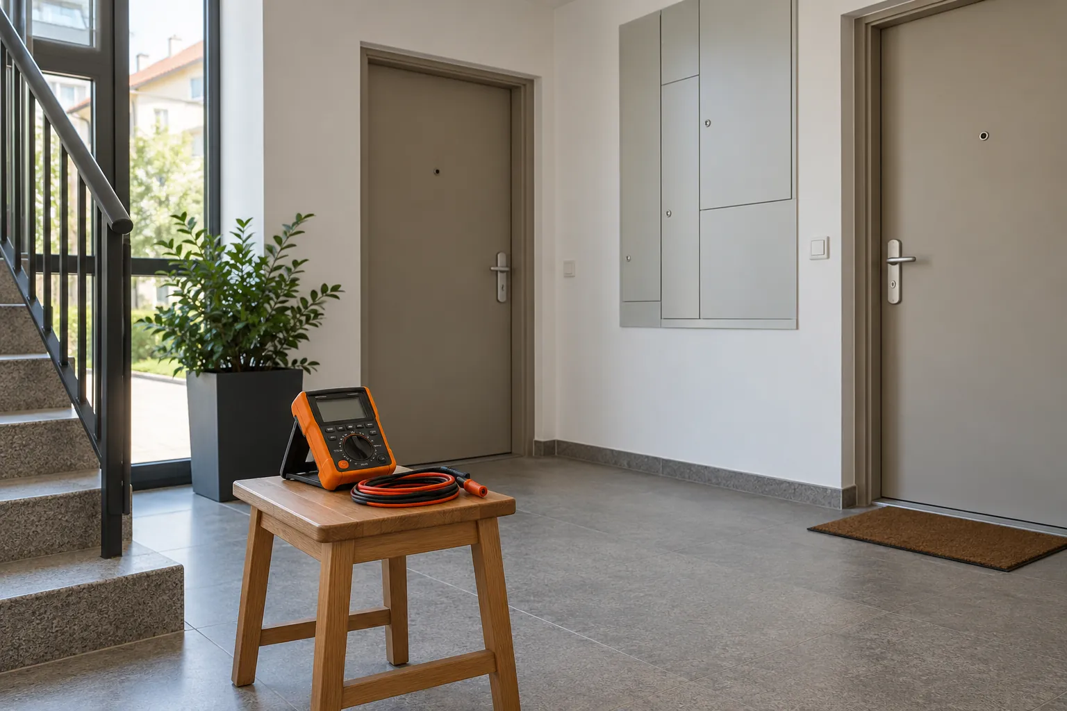 Prüfausrüstung auf einem Holzhocker im Eingang eines Mehrparteienhauses