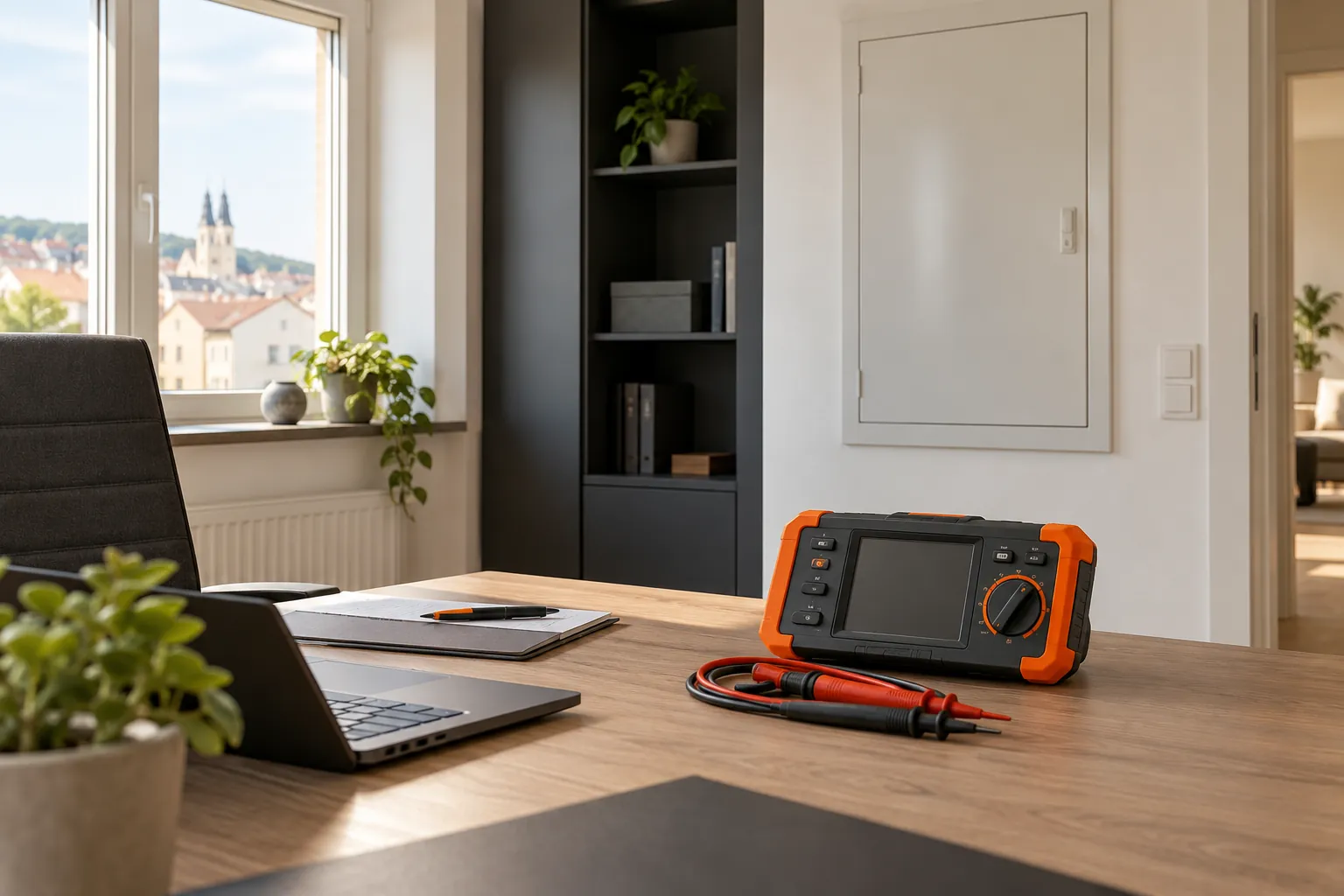Orange-schwarzes Prüfgerät auf dem Schreibtisch einer hellen Wohnung