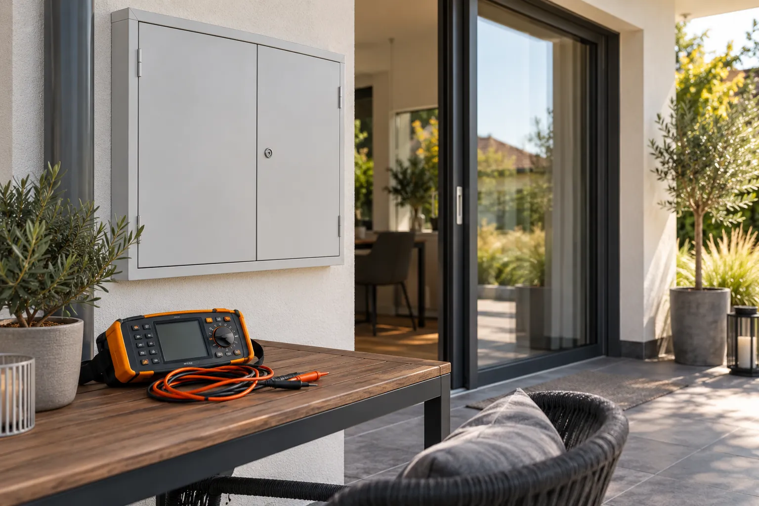 Elektro-Prüfgerät neben geschlossenem Verteiler am Zugang zur Terrasse