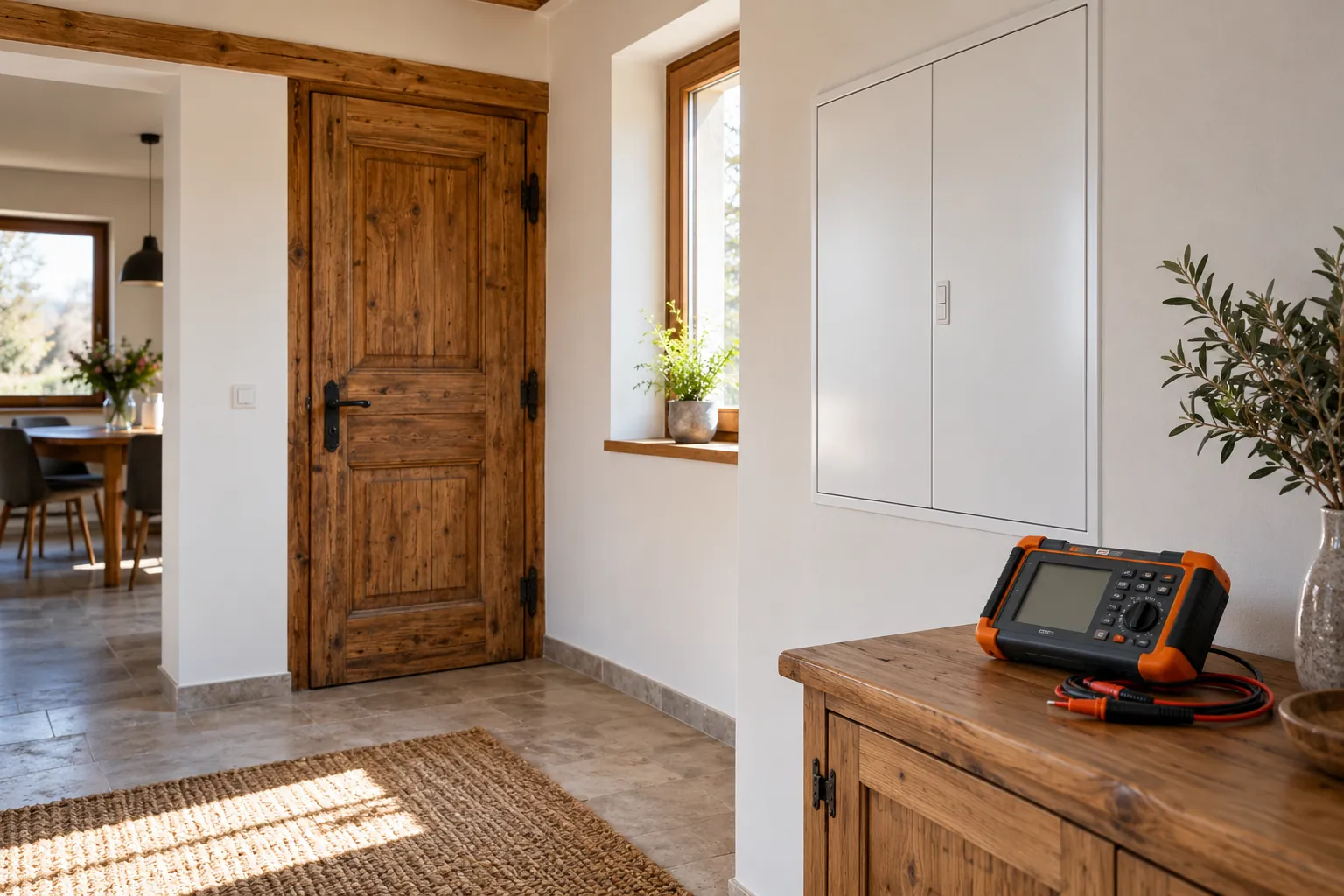 Elektro-Prüfgerät in einem renovierten Landhaus mit alter Holztür